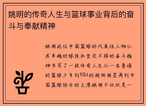 姚明的传奇人生与篮球事业背后的奋斗与奉献精神