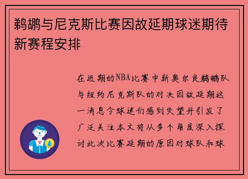鹈鹕与尼克斯比赛因故延期球迷期待新赛程安排
